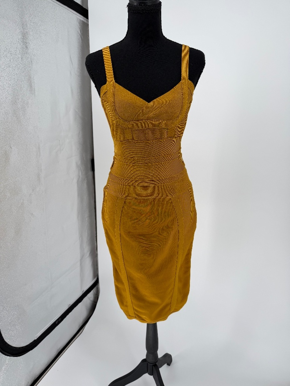 Vintage Hervé Léger Mustard Gold Heavy Knit Bandage Sweetheart Dress L
